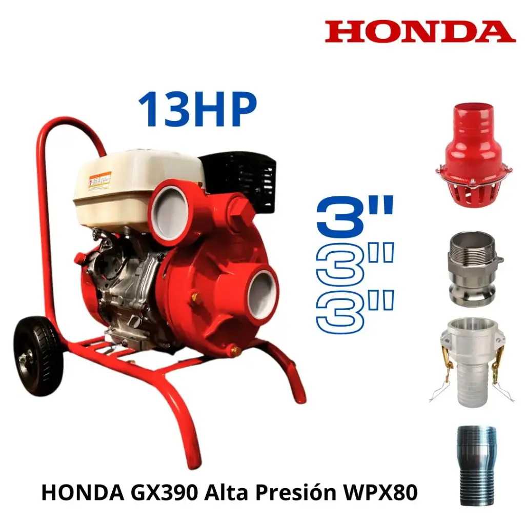 [WPX80GX390] MOTOBOMBA ALTA PRESION 3" WPX80 GX390 HONDA13HP + CARRETA