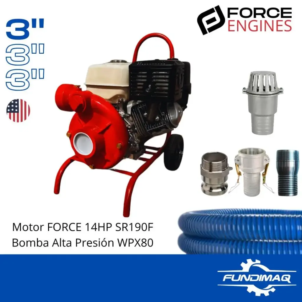 [WPX80SR190] MOTOBOMBA ALTA PRESION 3" WPX80 SR190F MOTOR FORCE 14HP + CARRETA