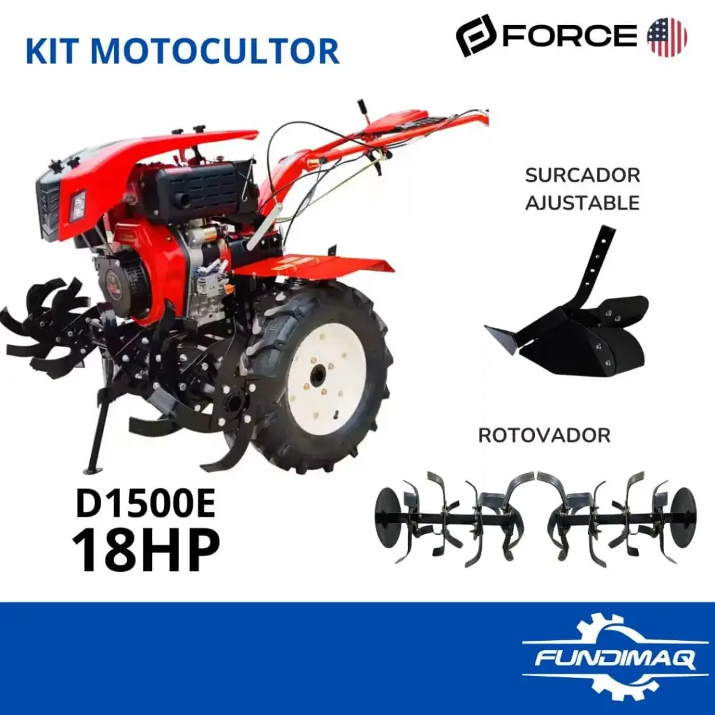 KIT MOTOCULTOR DIESEL FORCE MOTOR 195FE 18HP + ROTOVADOR + ARADO AJUSTABLE + LLANTAS METALICAS