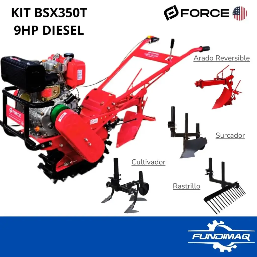 KIT MOTOCULTOR ORUGA BSX350T DIESEL BSD178F 9HP FORCE + ARADO, CULTIVADOR, RASTRILLO Y SURCADOR