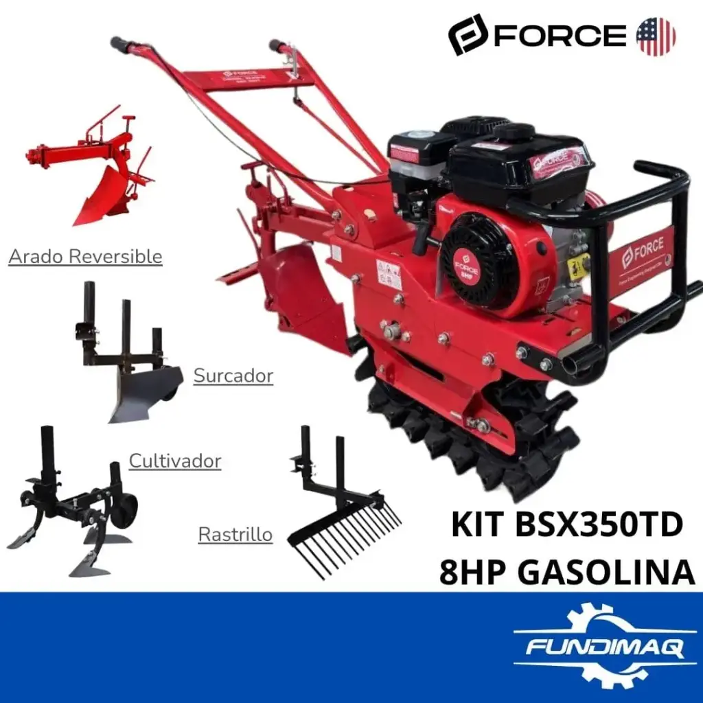 KIT MOTOCULTOR ORUGA BSX350T GASOLINERO 170F 8HP FORCE + ARADO, CULTIVADOR, RASTRILLO Y SURCADOR