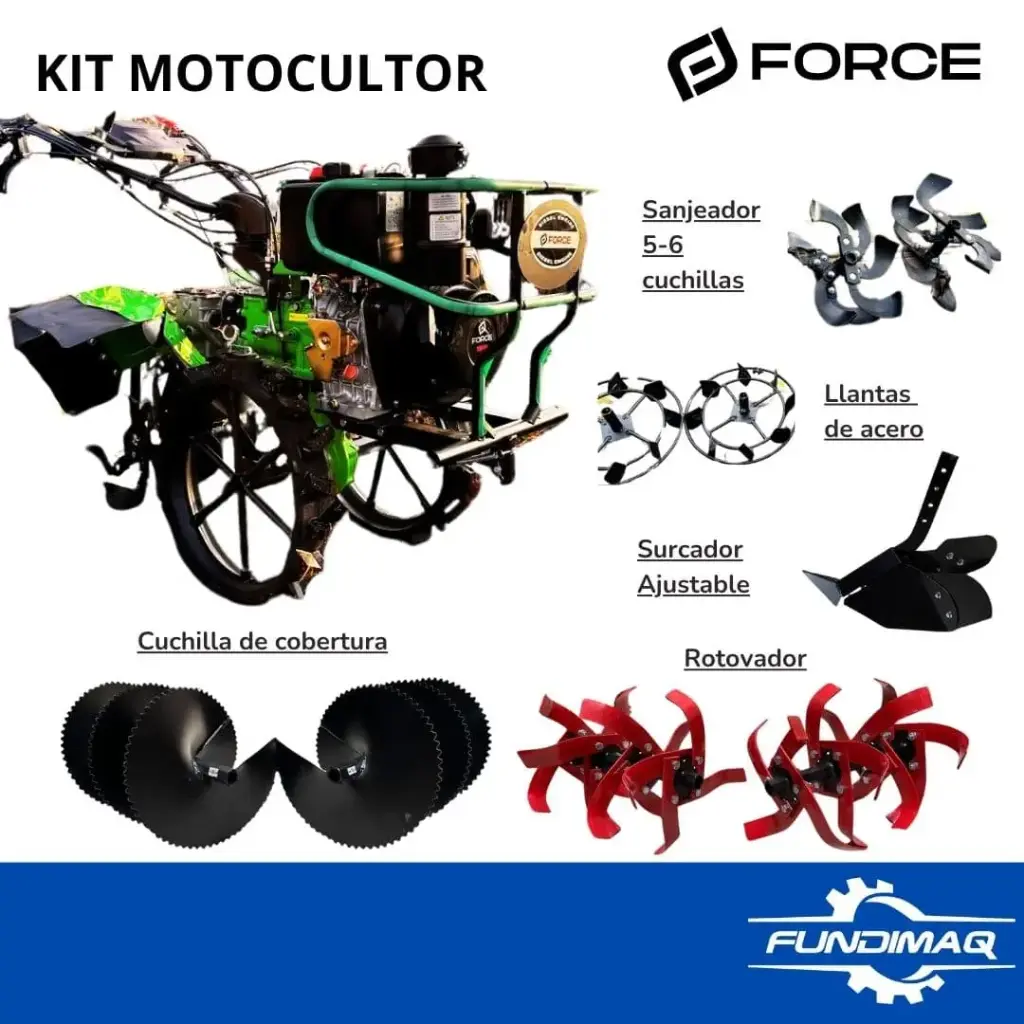 KIT MOTOCULTOR 3TG-6A FORCE DIESEL 188FE 15HP DOBLE CAJA 4x4 + ROTOBADOR, SURCADOR AJUSTABLE, CUCHILLAS DE COBERTURA Y LLANTAS METALICAS