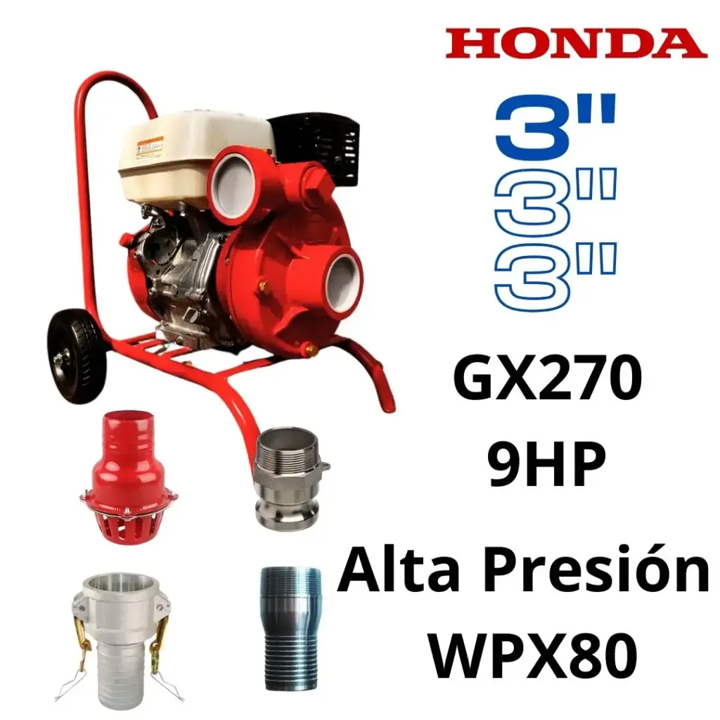 [WPX80GX270] MOTOBOMBA ALTA PRESION 3" WPX80 GX270 HONDA 9HP + CARRETA