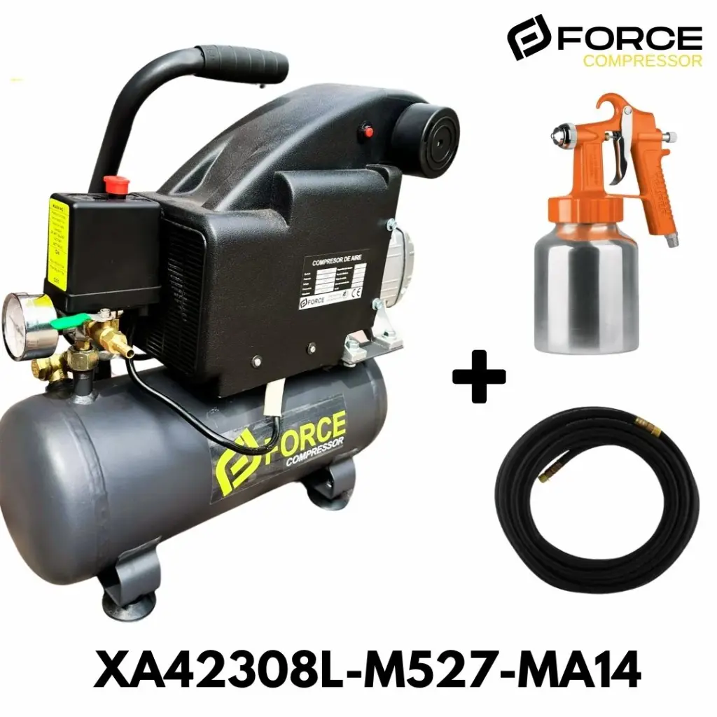 001 KIT COMPRESOR 8L 1HP FORCE + 1 PISTOLA Y 5M MANGUERA 1/4" XA42308L-M527-MA14