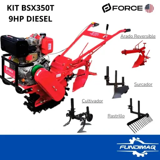 KIT MOTOCULTOR ORUGA BSX350T DIESEL BSD178F 9HP FORCE + ARADO, CULTIVADOR, RASTRILLO Y SURCADOR