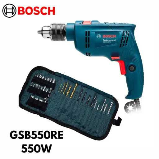 [GSB550RE] 007 TALADRO PERCUTOR 550W BOSCH 1/2" 13mm + SET ACCS 34 pzs  GSB550RE