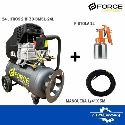 [500520] KIT COMPRESOR 24L 2HP FORCE + 1 PISTOLA Y 5M MANGUERA 1/4" ZBB5124L-M527-MA14