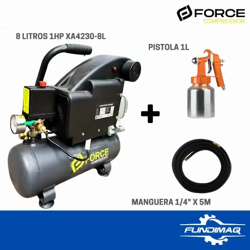 [500522] KIT COMPRESOR 8L 1HP FORCE + 1 PISTOLA Y 5M MANGUERA 1/4" XA42308L-M527-MA14