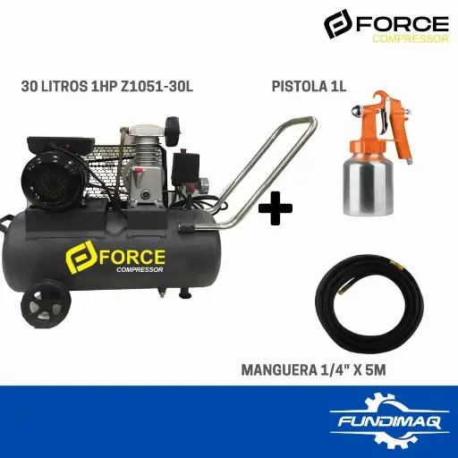 [500521] KIT COMPRESOR 30L 1HP FORCE + 1 PISTOLA Y 5M MANGUERA 1/4" Z105130L-M527-MA14